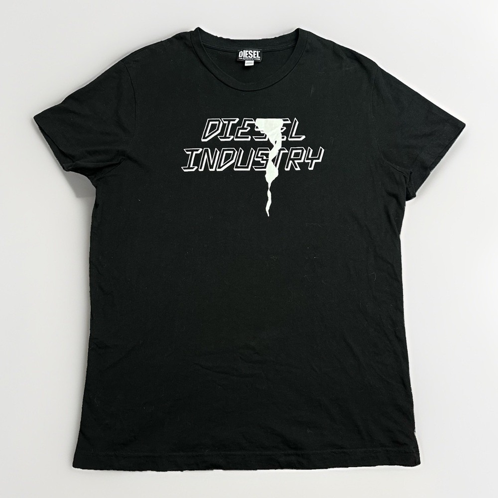DIESEL Industry T-Shirt Men's XL Black Short Sleeve Logo Spellout Y2K Slim Fit